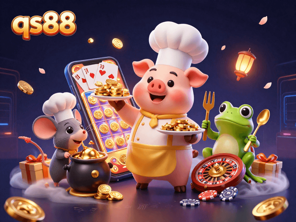 Engage with qs88 as the chef pig serves gold coins amidst a vibrant casino atmosphere