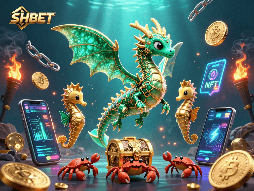 Engage in thrilling gaming adventures at SHBET with a vibrant underwater scene and crypto elements.