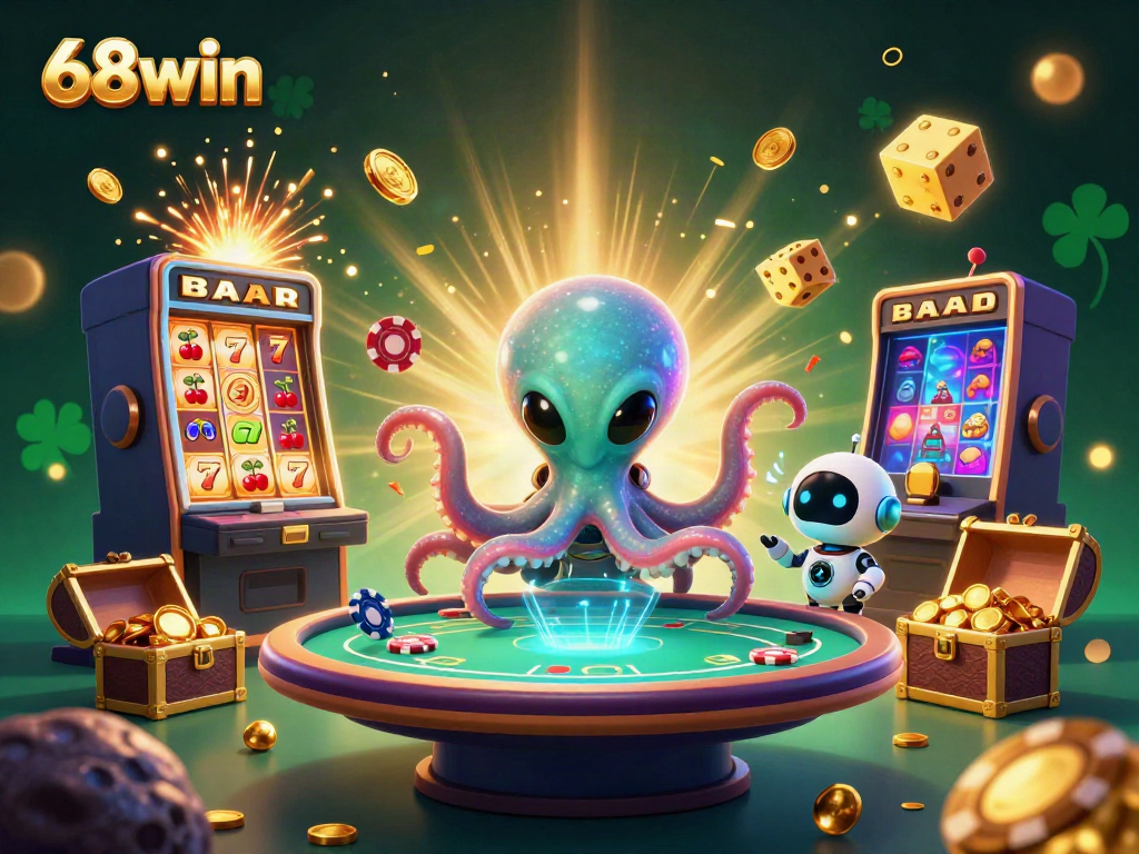 Play exciting games at 68win, featuring an alien octopus and vibrant casino elements in an engaging setting.