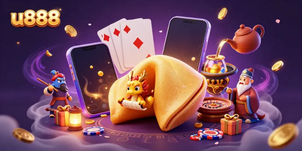 Experience exciting games with u888 in this vibrant 3D scene filled with dynamic casino elements.