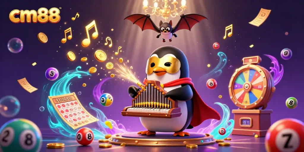 Experience the thrill of cm88 with a flamboyant scene featuring a penguin organist and vibrant lottery elements.