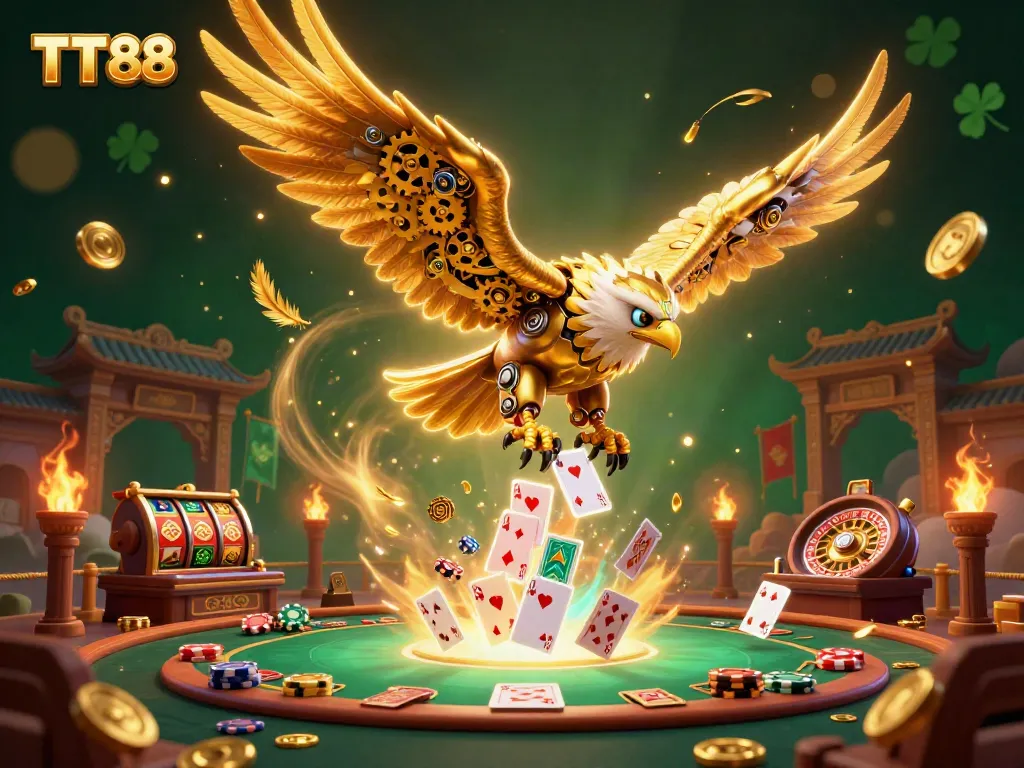 Experience thrilling gameplay at TT88, featuring a bold golden eagle surrounded by vivid gambling elements.