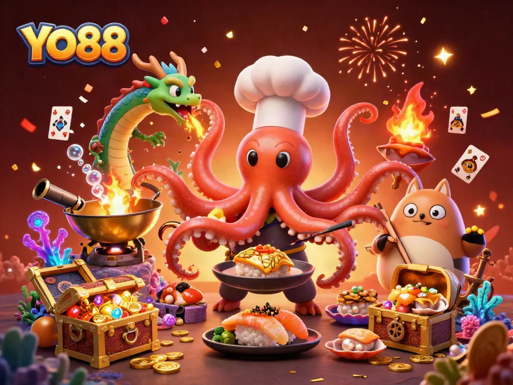Experience thrilling gameplay with YO88 as the dynamic sushi chef octopus and friends prepare golden dishes.