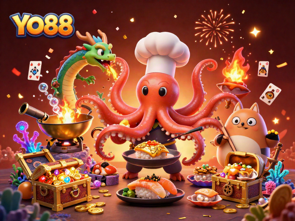 Experience thrilling gameplay with YO88 as the dynamic sushi chef octopus and friends prepare golden dishes.