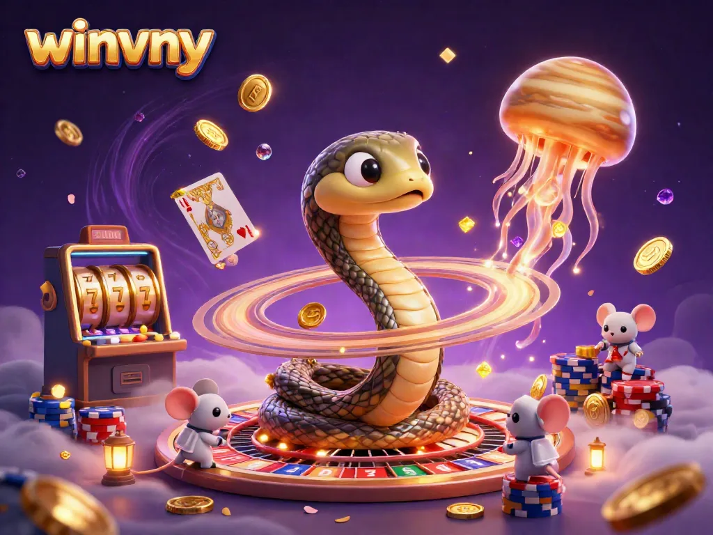 Winvny cosmic casino scene showcasing a Saturn-ring snake and playful astronauts amid slot reels and glowing gems.