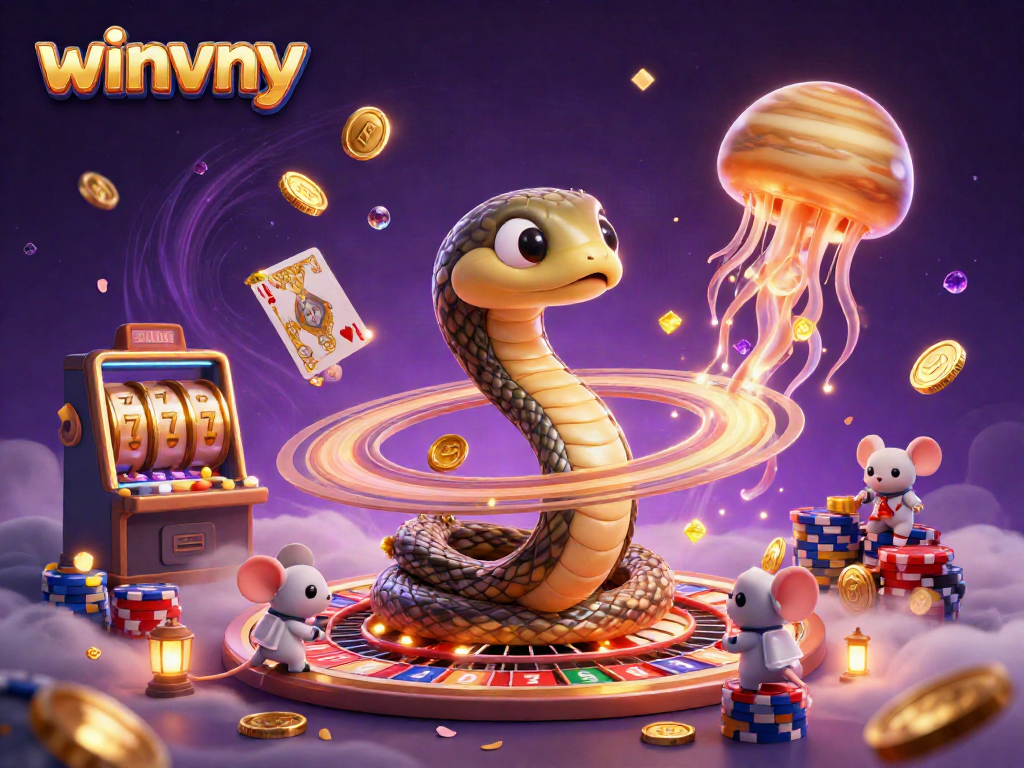 Winvny cosmic casino scene showcasing a Saturn-ring snake and playful astronauts amid slot reels and glowing gems.