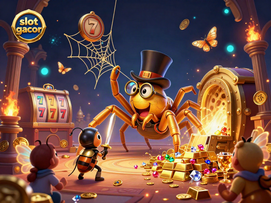 Engage in the thrilling world of slot gacor with a vibrant 3D casino scene featuring colorful slot elements and lively characters.