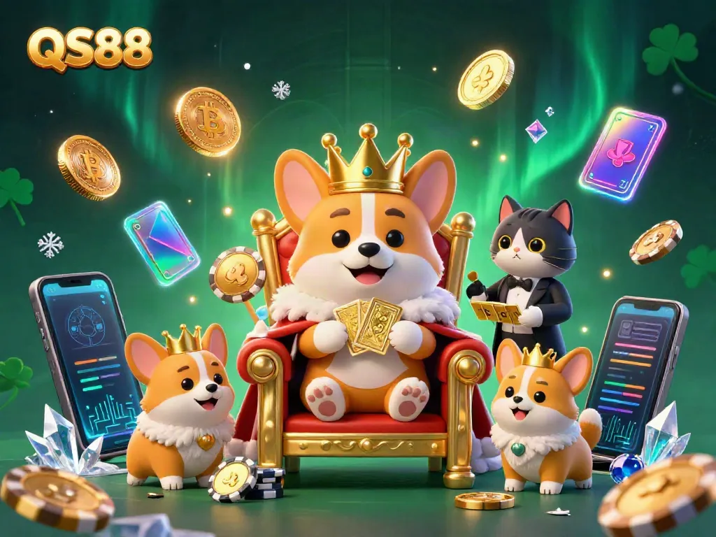 Experience QS88's vibrant gaming culture with a cartoon royal corgi and cryptocurrency elements in a lively online casino