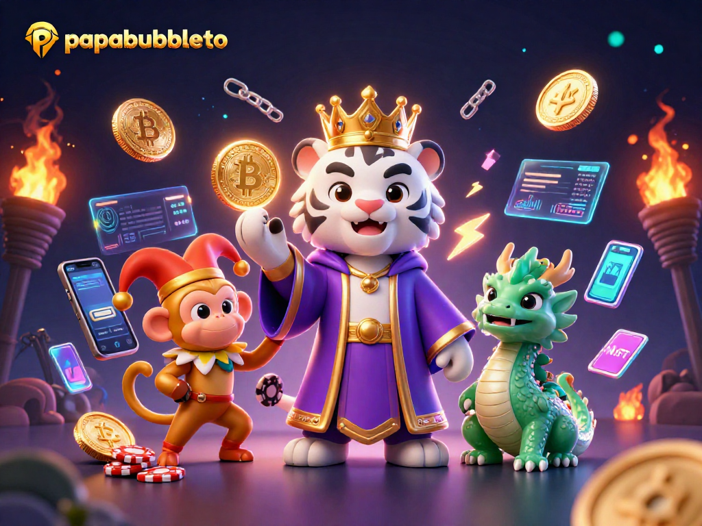 Engage with the thrilling world of papabubbleto featuring an elegant tiger, lively monkey, and mystical dragon in a vibrant casino atmosphere.