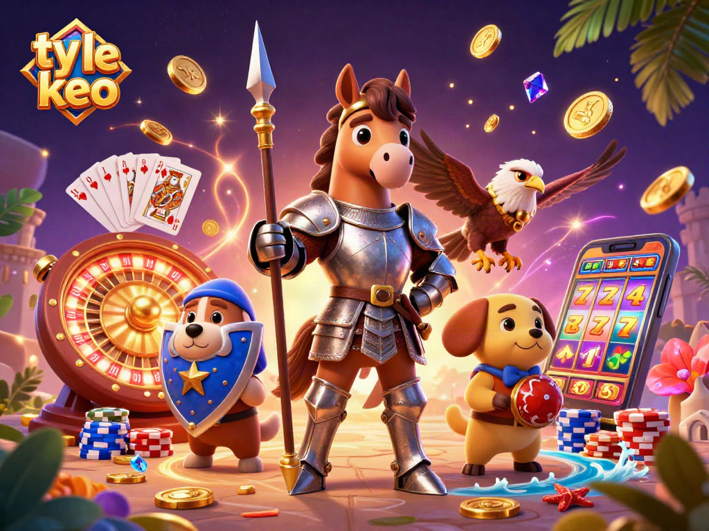 Bet on ty le keo amidst a vibrant scene of gambling elements and animated characters.