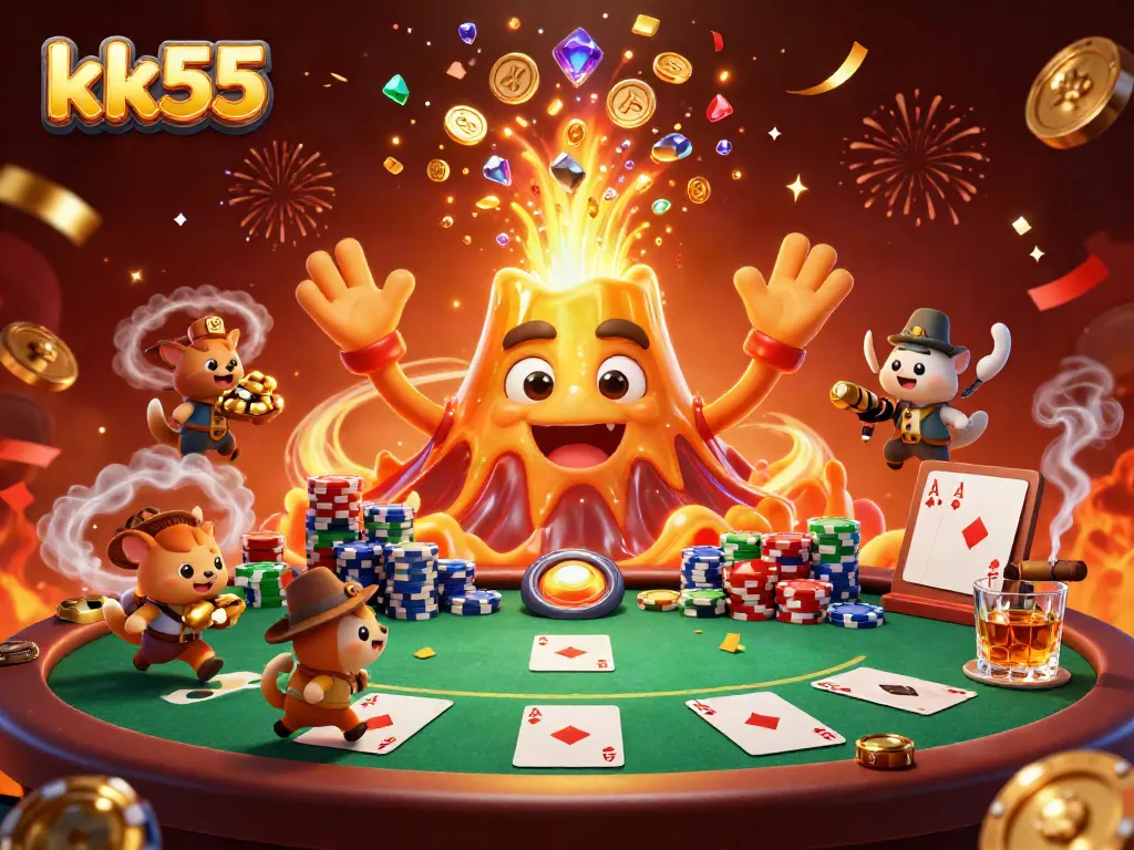 Experience the thrilling eruption of treasures at kk55 casino with a golden volcano spewing coins and gems.