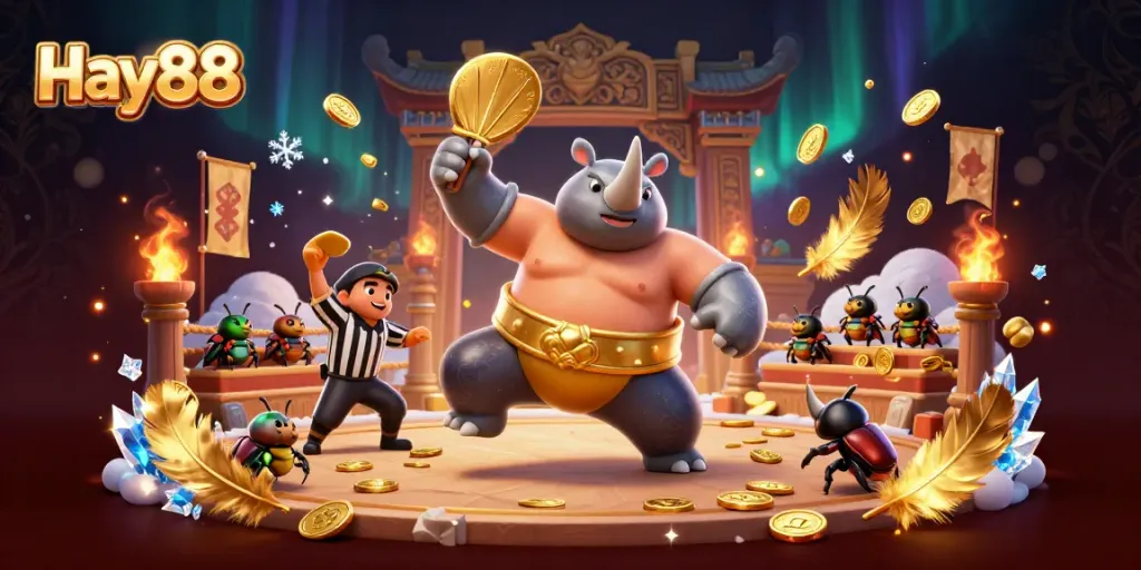 Experience thrilling Hay88 action with a powerful sumo beetle champion amidst flying coins!