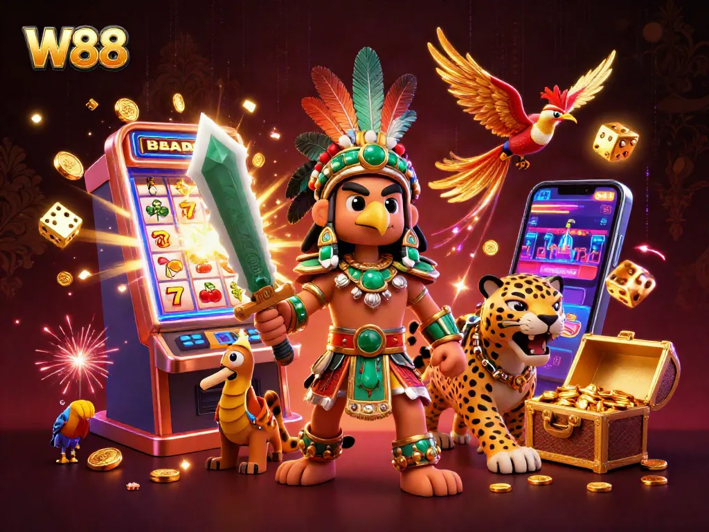 Experience W88’s thrilling jackpot with legendary characters, vibrant casino elements in action.