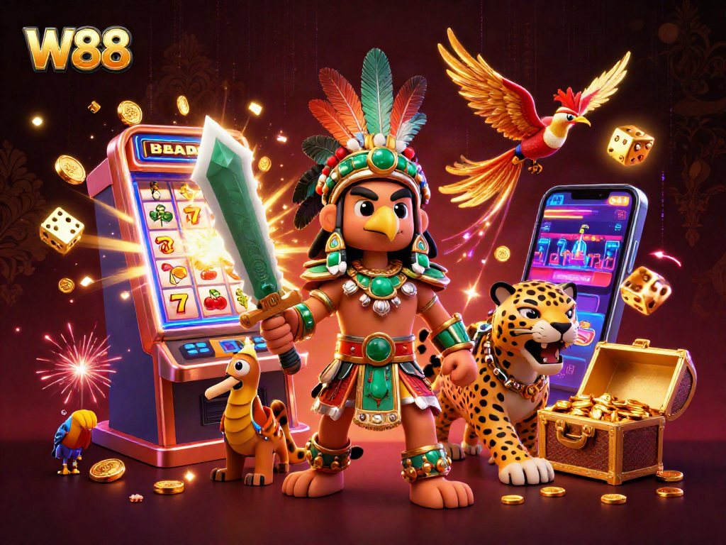 Experience W88’s thrilling jackpot with legendary characters, vibrant casino elements in action.