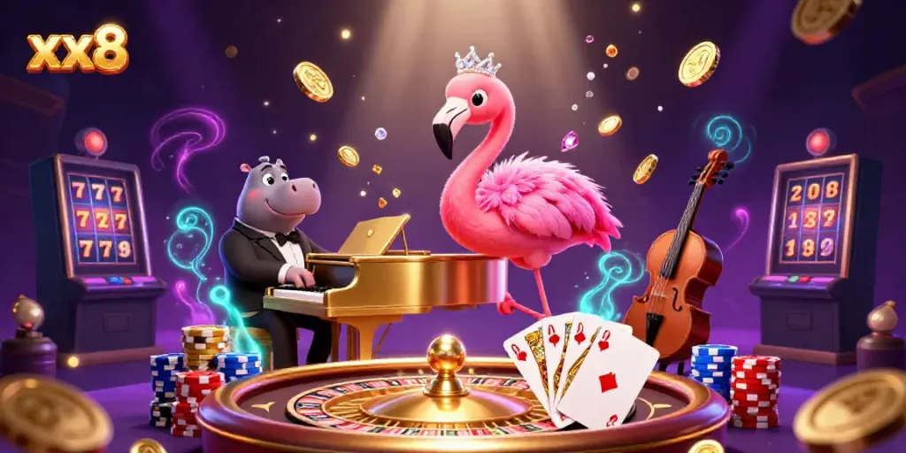 xx8 offers a vibrant 3D casino scene with a flamingo singer and hippo bassist, showcasing dynamic gambling elements.