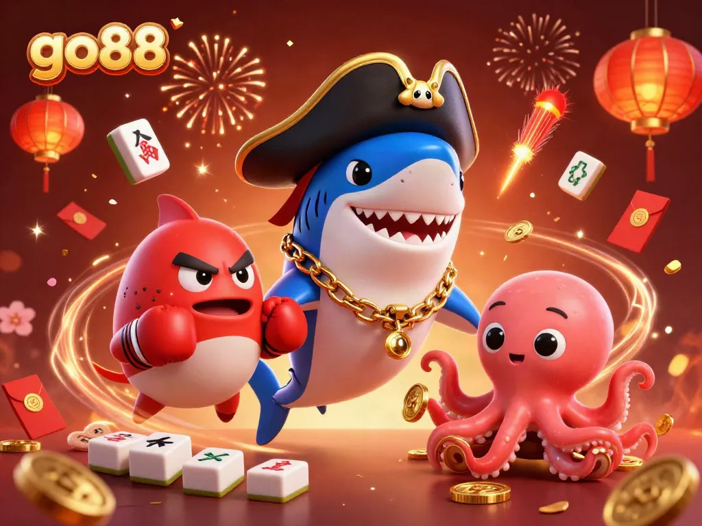 Engage with go88's vibrant casino adventure featuring an animated pirate shark, pufferfish, and octopus celebrating with gold coins and festive elements.