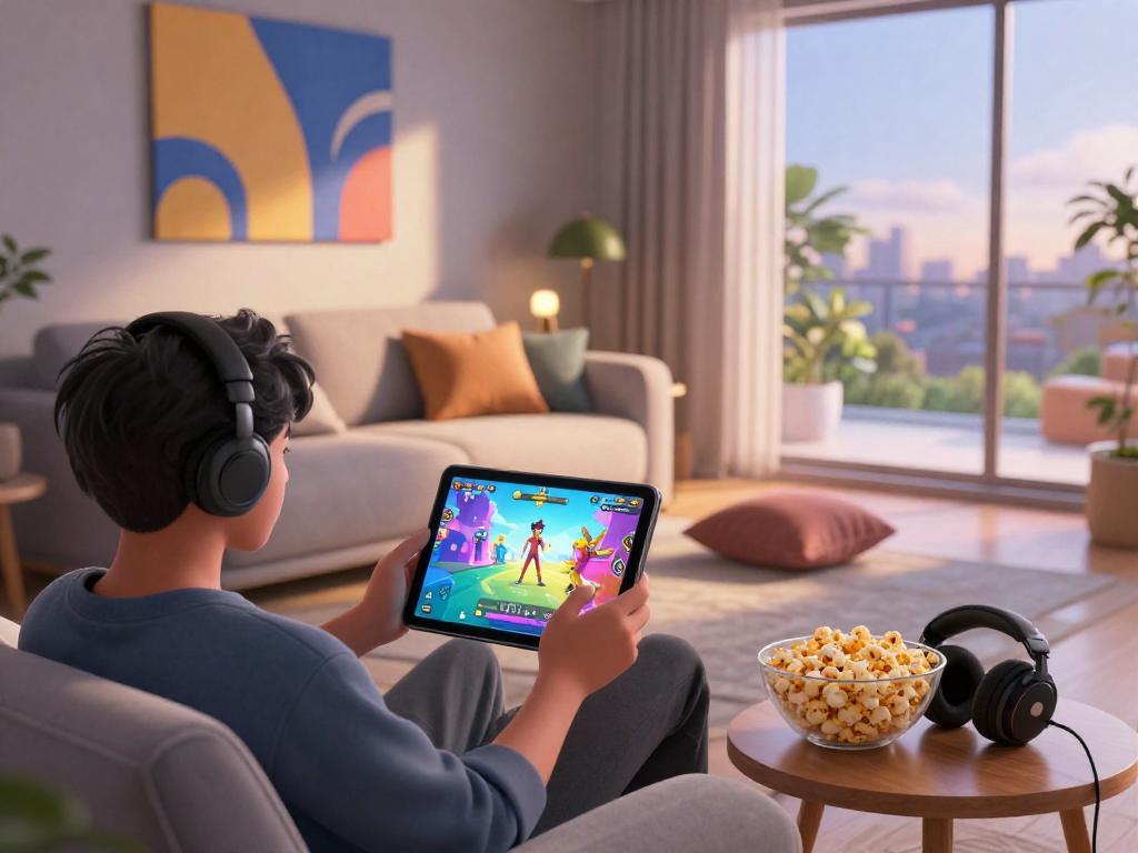Exciting scene of player immersed in game porn on a tablet, vibrant characters and colorful graphics