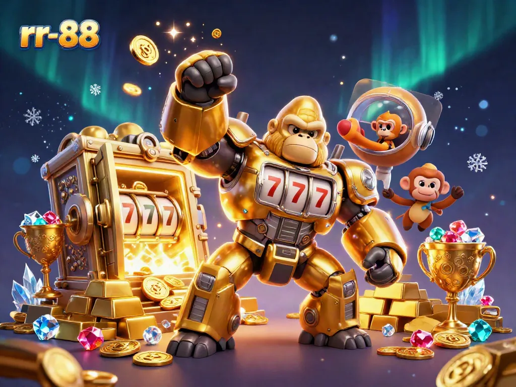 Witness thrilling action in rr-88 as the golden gorilla mech bursts coins and treasures amidst dazzling gems and adventures.