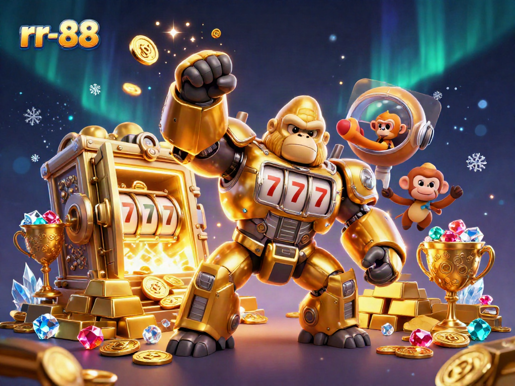 Witness thrilling action in rr-88 as the golden gorilla mech bursts coins and treasures amidst dazzling gems and adventures.