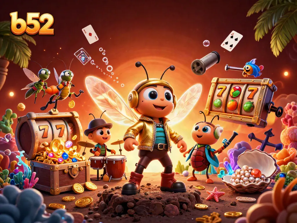 Engage with thrilling slots at b52 with vibrant icons and festive characters depicted.