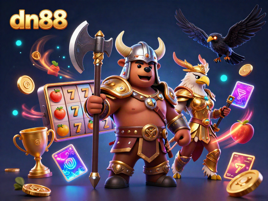 Engage with dn88's vibrant online casino experience featuring dynamic 3D characters and exciting slot elements.