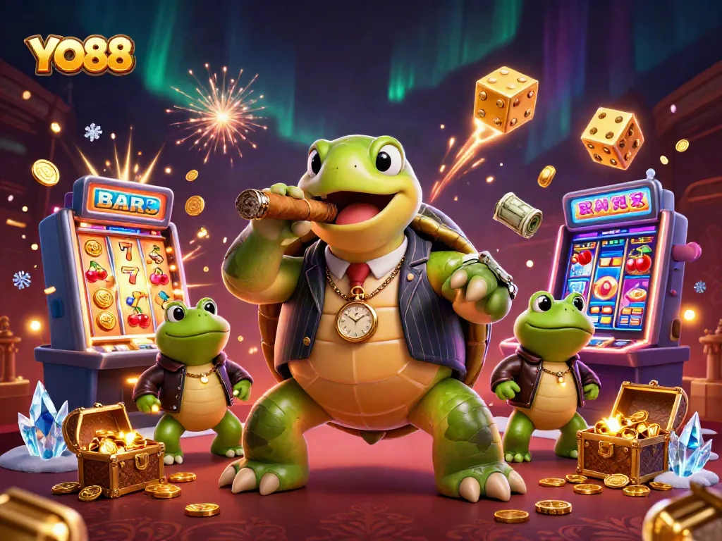 Engage with YO88's vibrant casino atmosphere featuring a massive snapping turtle and bullfrog enforcers amidst a jackpot celebration.
