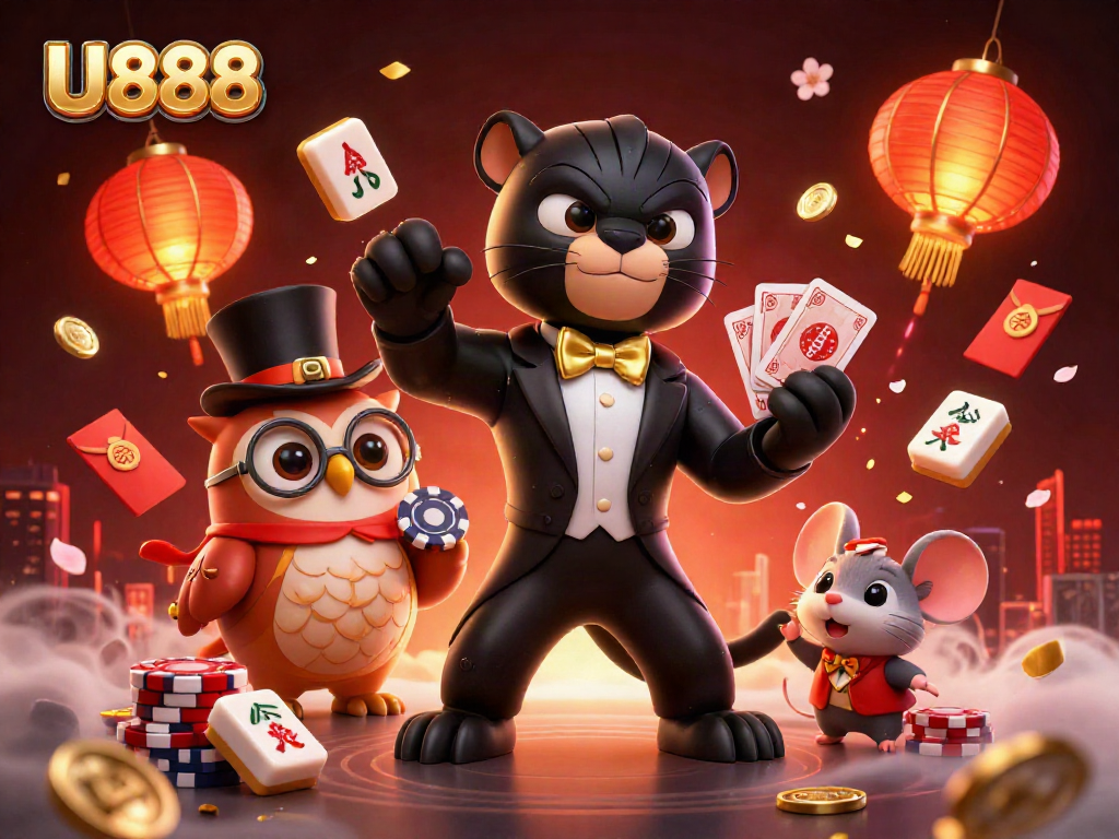 Experience the excitement of U888 with a stylish panther dealer, owl and mouse, surrounded by dynamic casino elements.