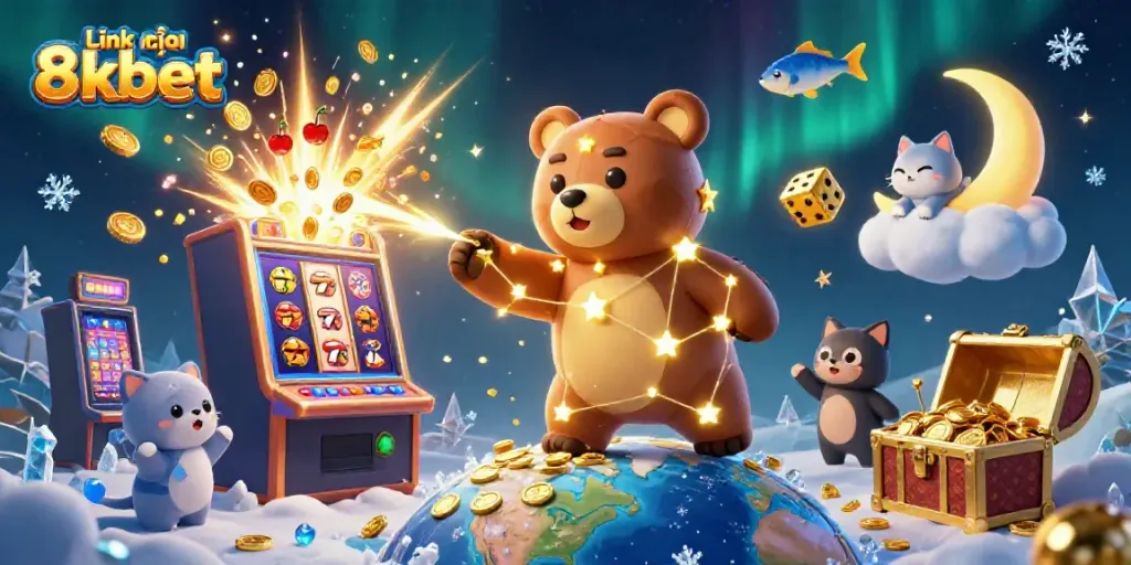 Spin to win with Link vào 8kbet in a vibrant casino scene featuring a constellation bear and slot machine.