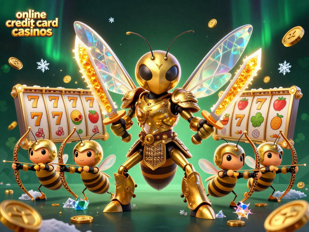 Engage with online credit card casinos through an enchanting 3D scene featuring a samurai hornet and animated slot reels.