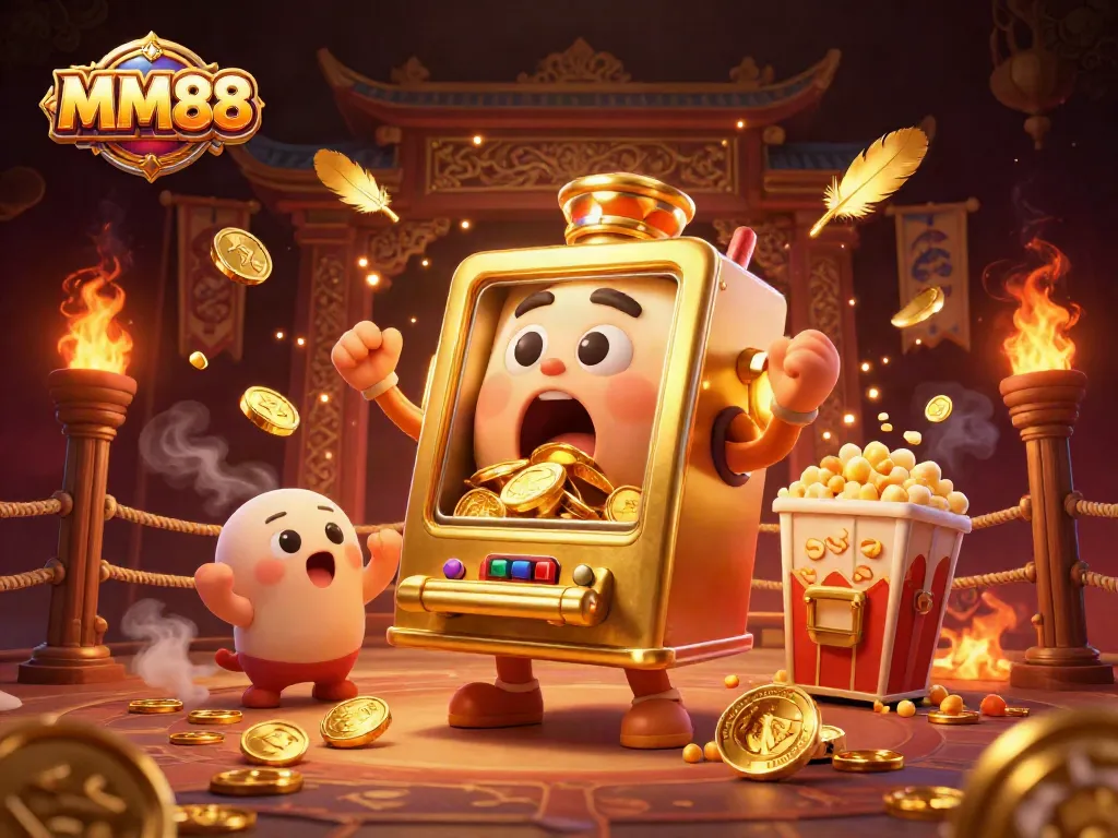 Experience MM88's thrilling jackpot moments with a lively scene of animated slot machines and gold coins cascading.