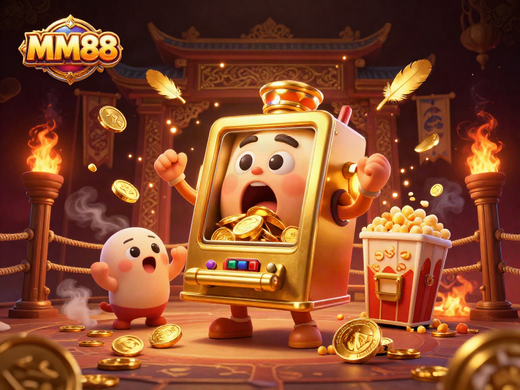 Experience MM88's thrilling jackpot moments with a lively scene of animated slot machines and gold coins cascading.