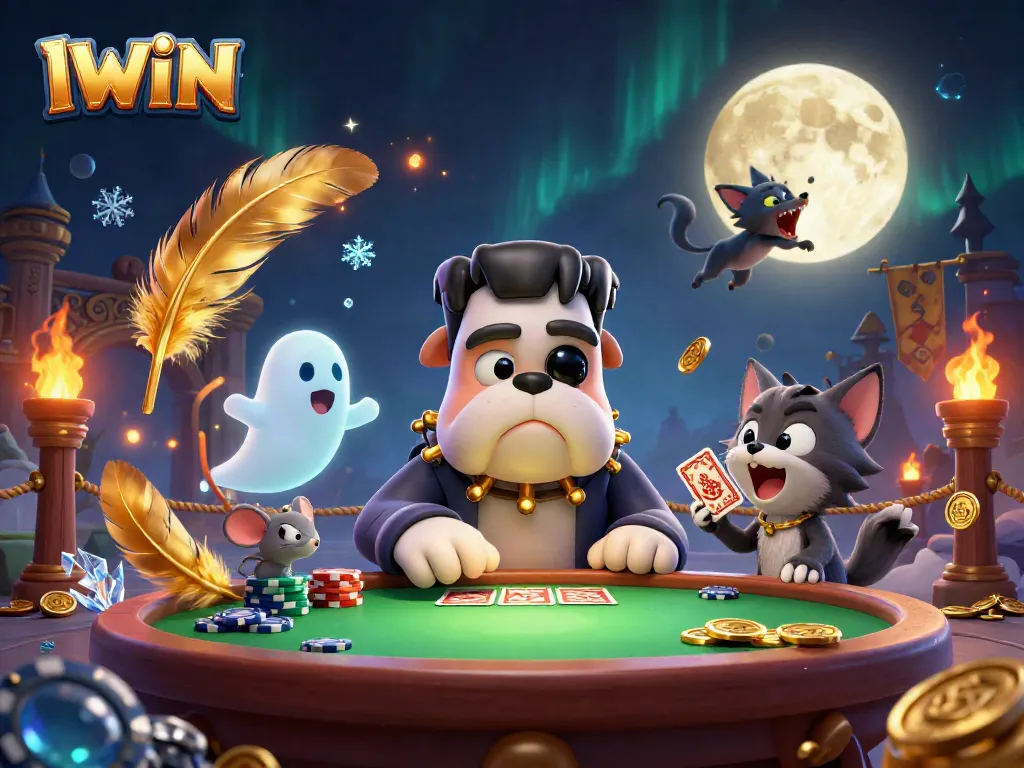 IWIN showcases a thrilling 3D illustration of a Frankenstein bulldog dealer at a spooky casino table, evoking excitement.
