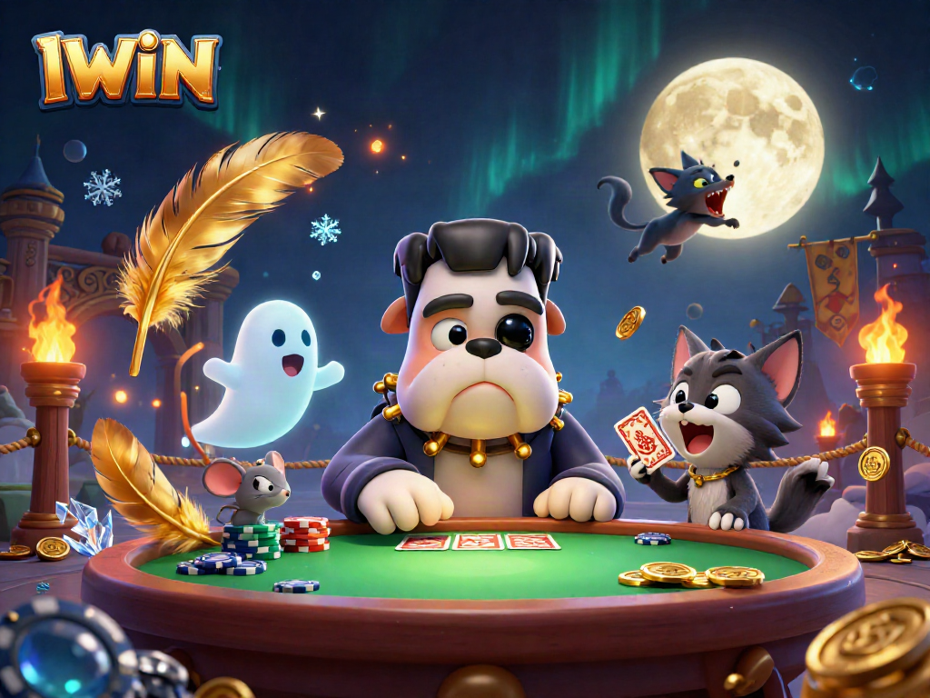 IWIN showcases a thrilling 3D illustration of a Frankenstein bulldog dealer at a spooky casino table, evoking excitement.