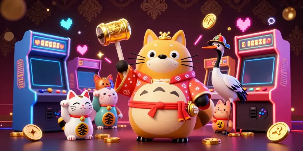 Bet big with mubet featuring a cheerful tanuki, game machines, and slot elements in a festive casino scene.