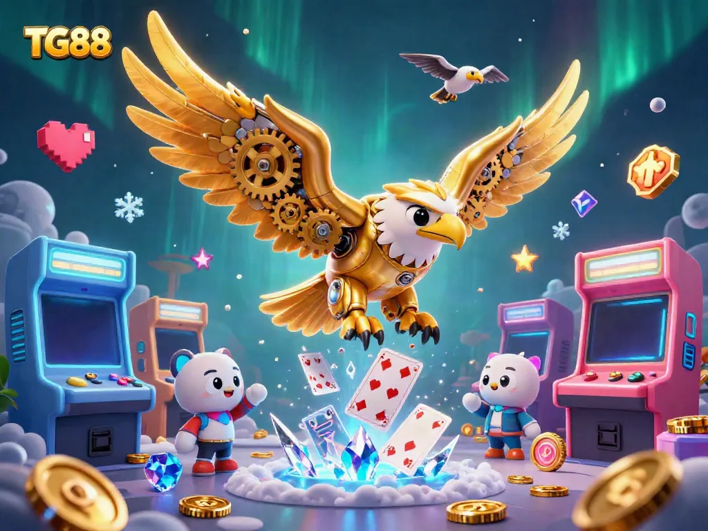 Energize your play with TG88's immersive casino atmosphere, featuring a majestic golden eagle and dynamic gaming elements.