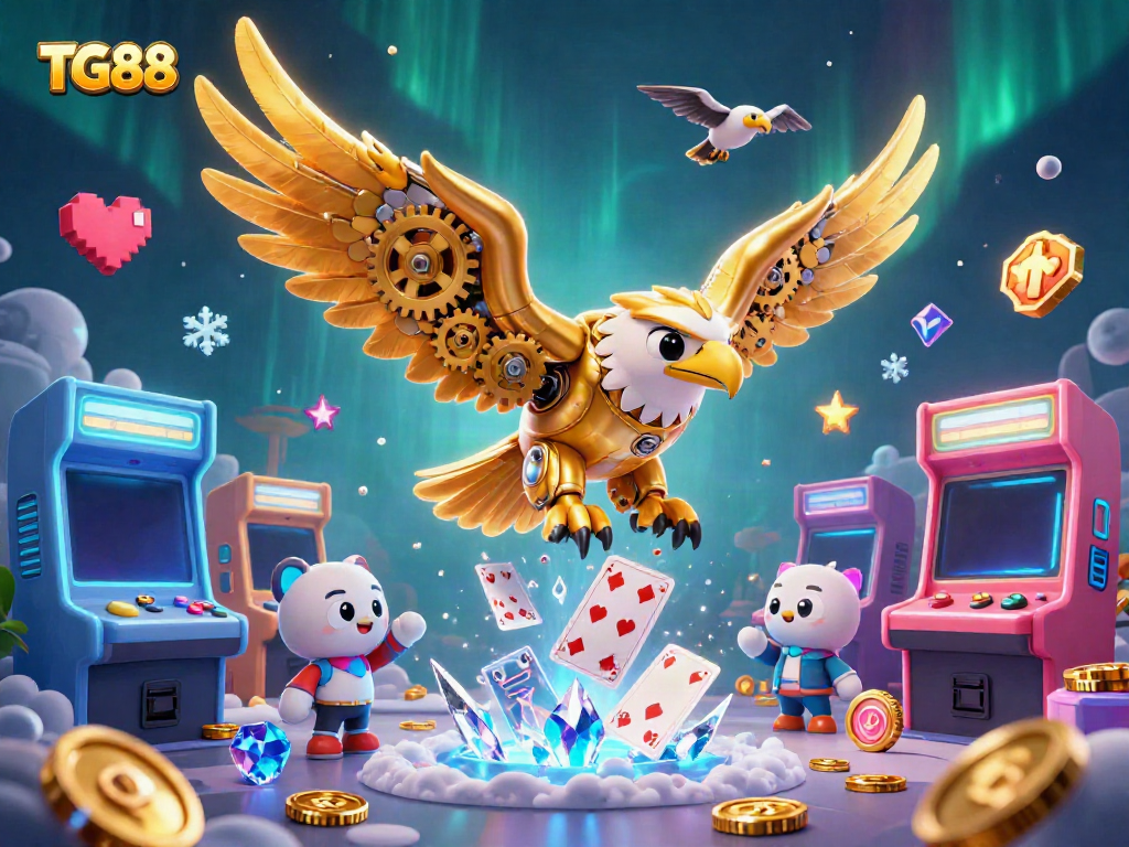 Energize your play with TG88's immersive casino atmosphere, featuring a majestic golden eagle and dynamic gaming elements.