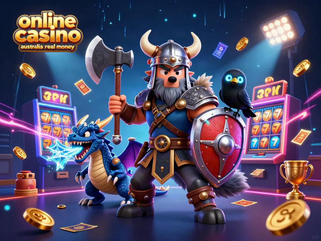 Experience the thrill of winning at online casino Australia real money with a Viking wolf warrior and dragon in a vibrant, action-filled casino scene.