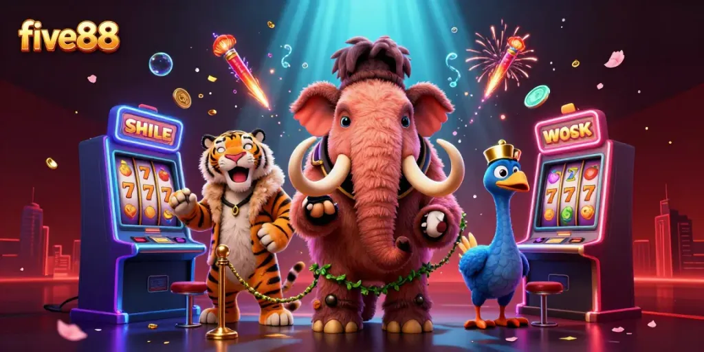 Experience the lively atmosphere of five88 where a woolly mammoth checks IDs as guests enter an exhilarating casino.