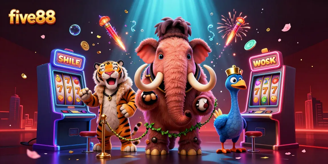 Experience the lively atmosphere of five88 where a woolly mammoth checks IDs as guests enter an exhilarating casino.