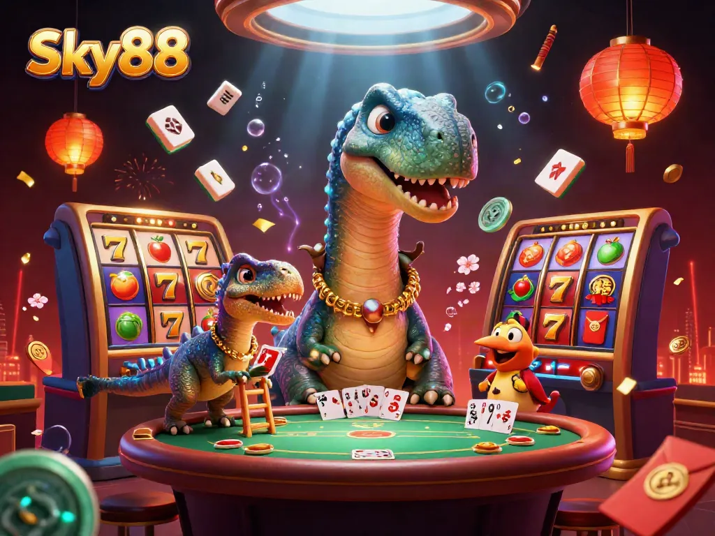 Experience thrilling gameplay at Sky88 with vibrant slot reels and dynamic characters in an exciting casino atmosphere.