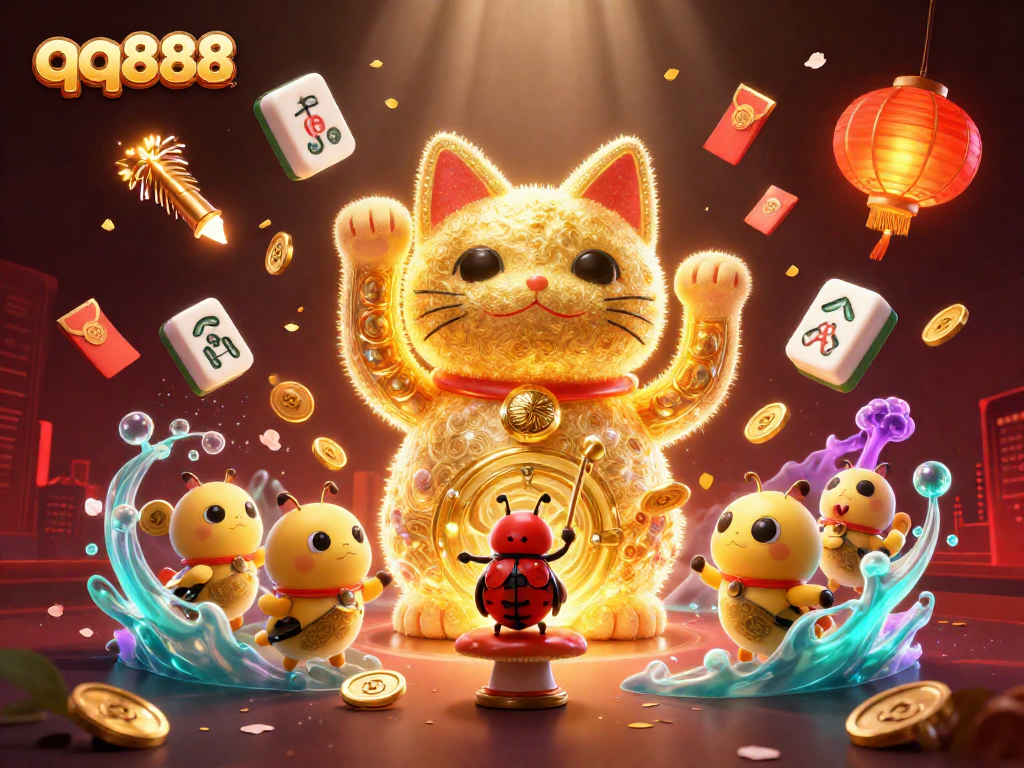 Engage with qq888's vibrant casino scene featuring a lucky cat and gold elements.