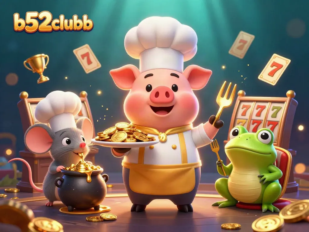 B52clubb showcases a vibrant casino scene with a chef pig, sous-chef mouse, and critic frog among dynamic slot elements.