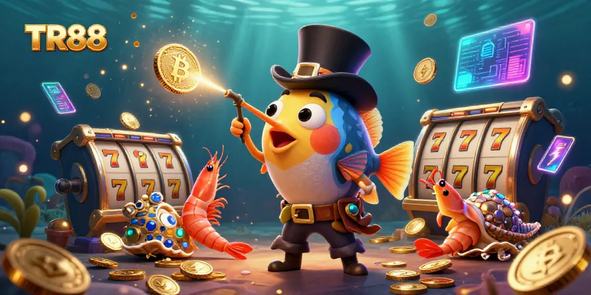 TR88 spins golden coins in a vibrant underwater casino world with anglerfish and shrimp.
