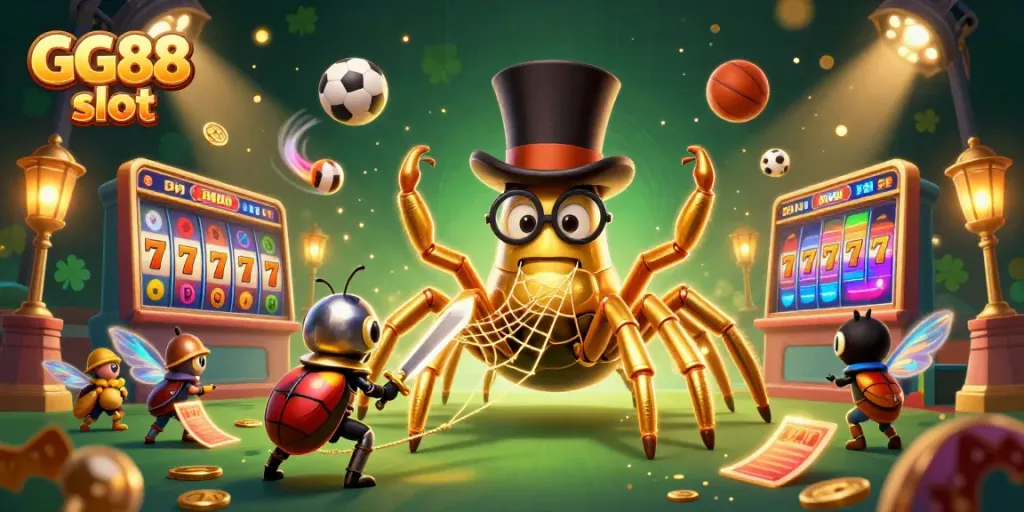 Engage in the GG88 slot adventure with a vibrant scene featuring a golden tarantula and a beetle knight surrounded by exciting elements.