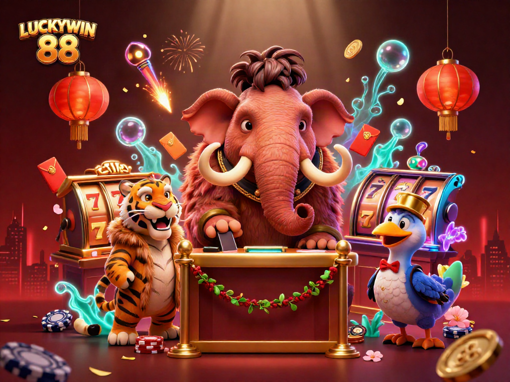Experience LUCKYWIN 88 with vibrant game elements and whimsical characters in a lively casino scene.