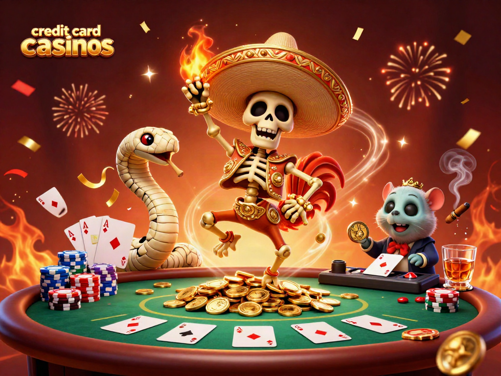 Celebrate wins at credit card casinos with festive 3D characters and vibrant game elements.