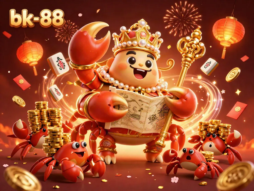 Experience the exciting world of bk-88 with a vibrant 3D illustration featuring a golden crab emperor and treasures.
