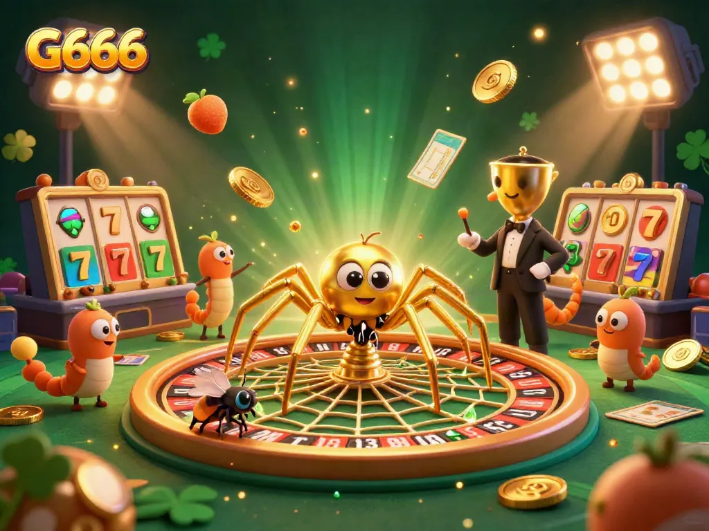 G666 interactive gaming scene featuring a golden spider, roulette wheel, and betting elements.