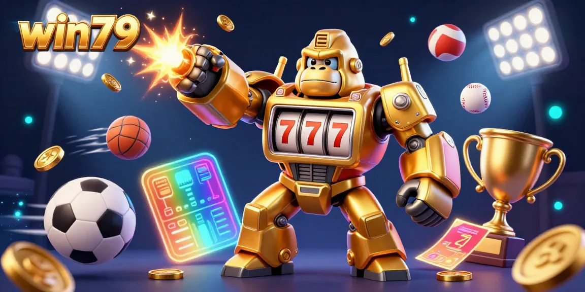 Win79 feature illustration highlighting a golden gorilla mech attacking with coins, rich in casino elements.