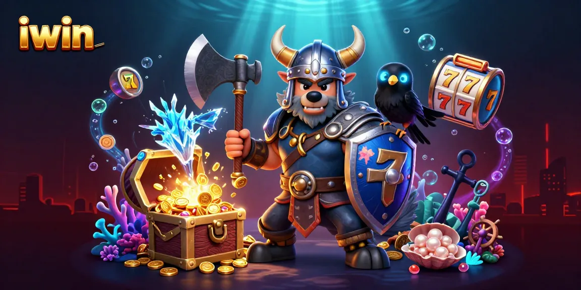 iwin casino scene featuring a Viking wolf warrior, dragon, and animated slot reels